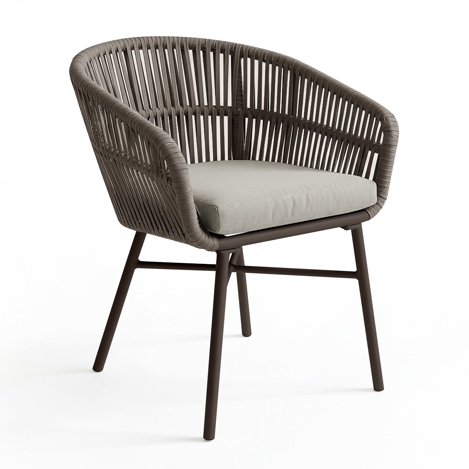 Marula Rope Outdoor Dining Chairs in Brown Set of 4 features modern tubular metal frames with slender legs, dark brown synthetic rope weaving, and light-gray cushions, perfect for stylish alfresco dining.
