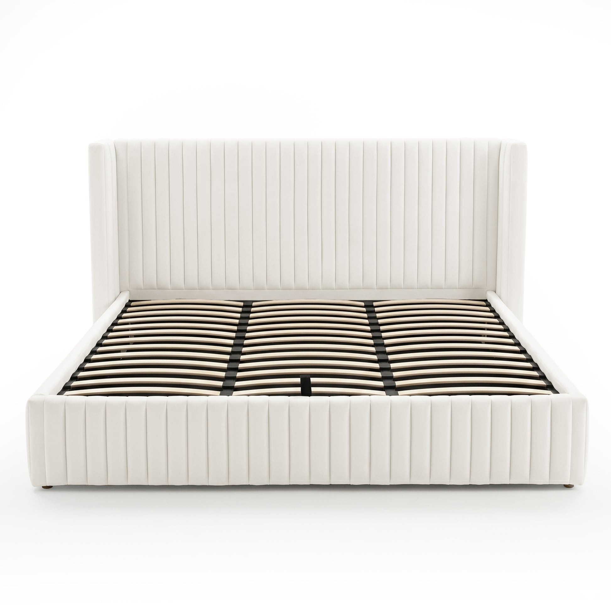 Front view of cream upholstered bed frame on white background