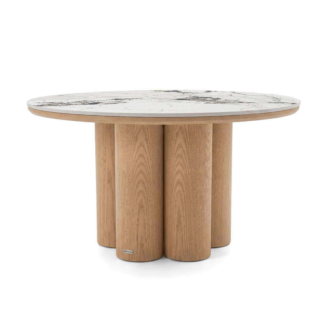 Round accent table with clustered cylindrical wooden base and marble-look top on a white background