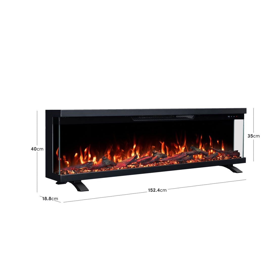 LEFBERIDA electric fireplace with overlaid height, width, and depth measurements