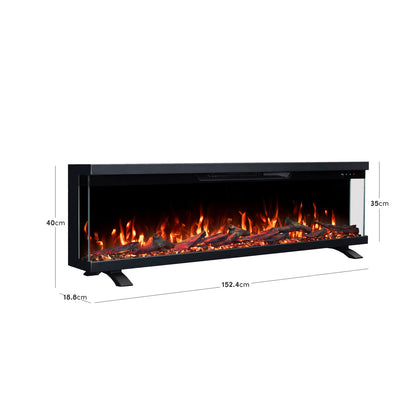 LEFBERIDA electric fireplace with overlaid height, width, and depth measurements