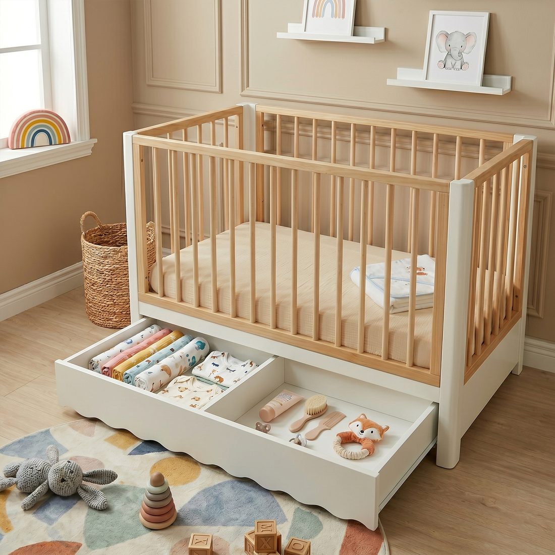 Baby crib in styled nursery with window and toys