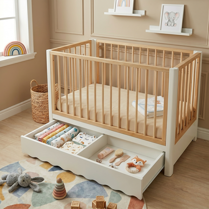 Baby crib in styled nursery with window and toys