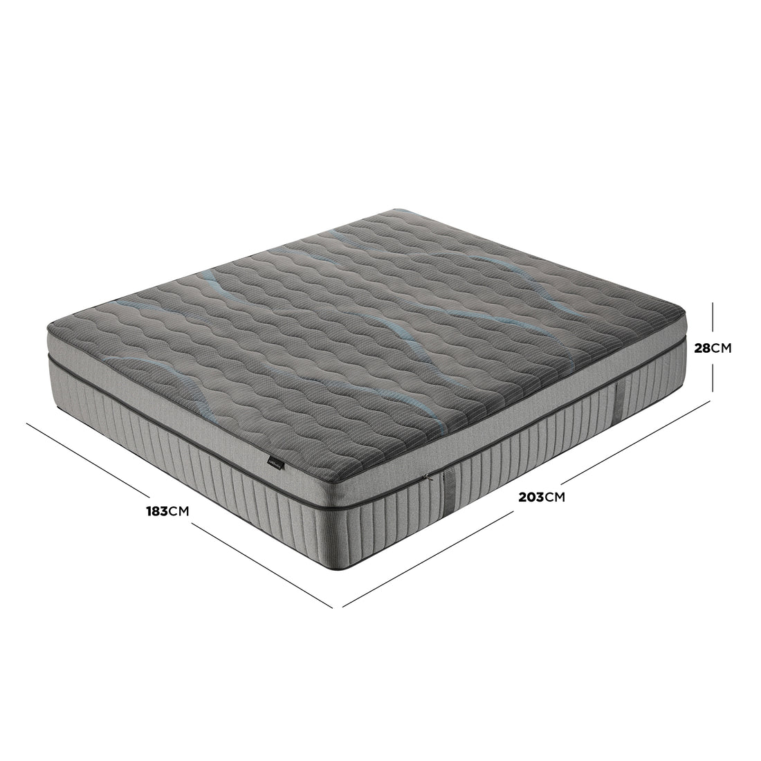Full mattress on white background with labeled dimensions