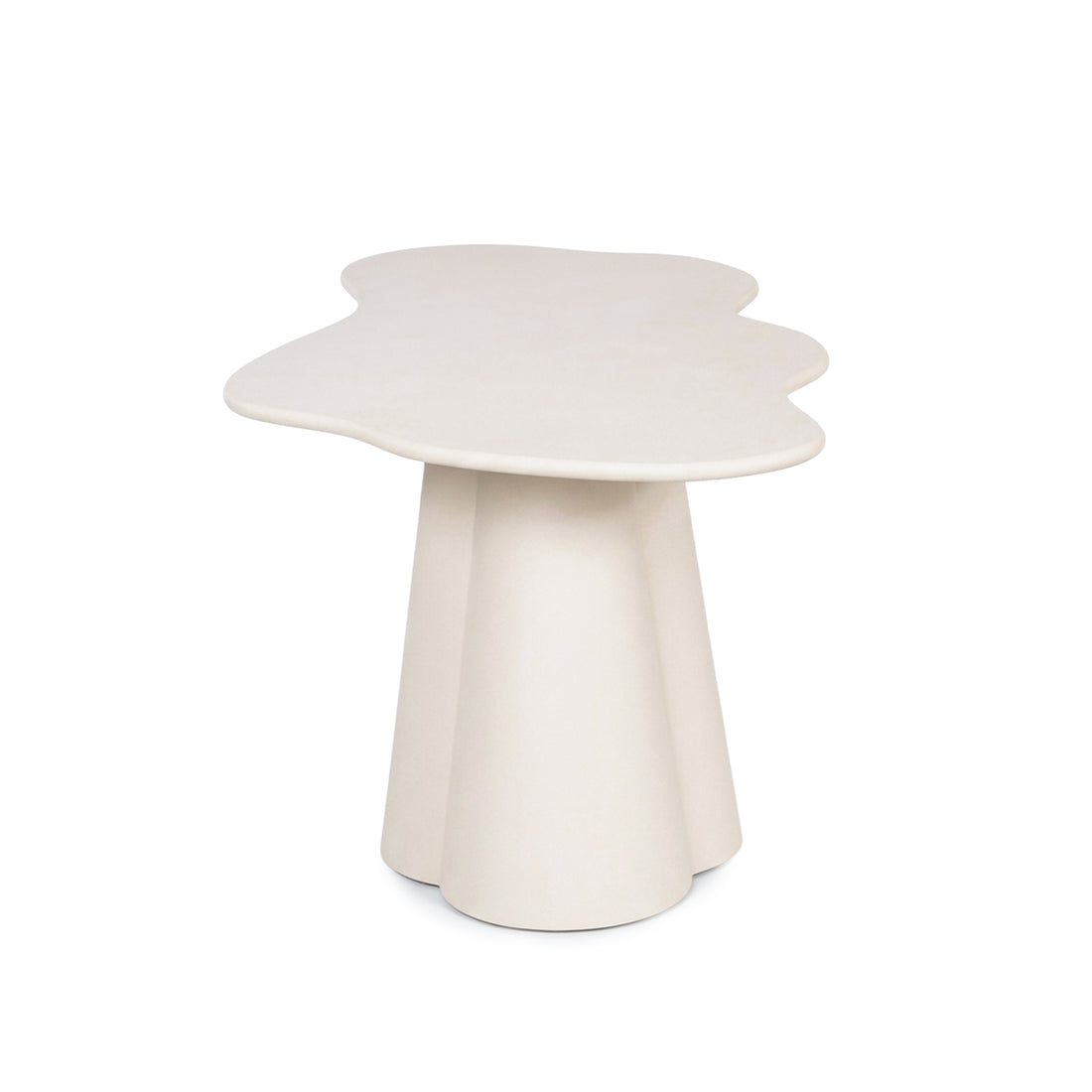 Modern side table with cloud-like top and three legs on a white background