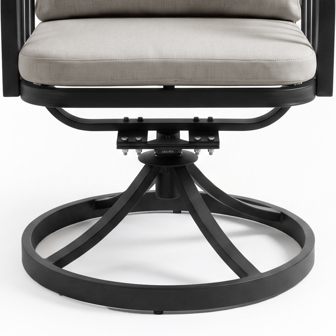 Lower portion of swivel chair with base and seat cushion on white background