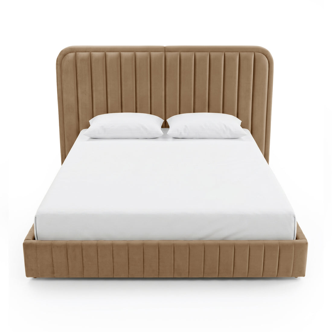 Front view of upholstered platform bed on white background
