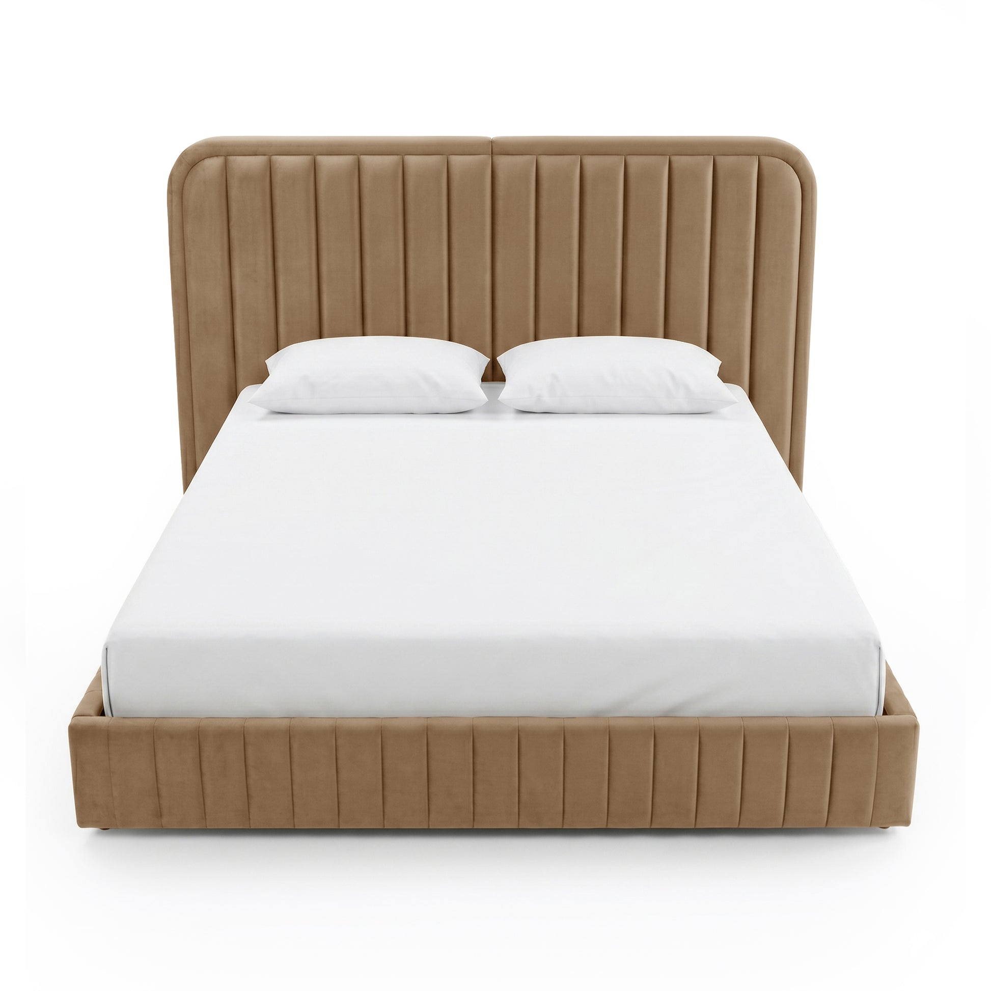 Front view of upholstered platform bed on white background