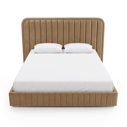 Front view of upholstered platform bed on white background