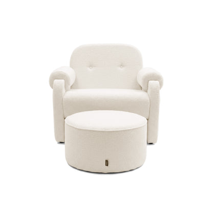 Modern ivory armchair and ottoman on white background