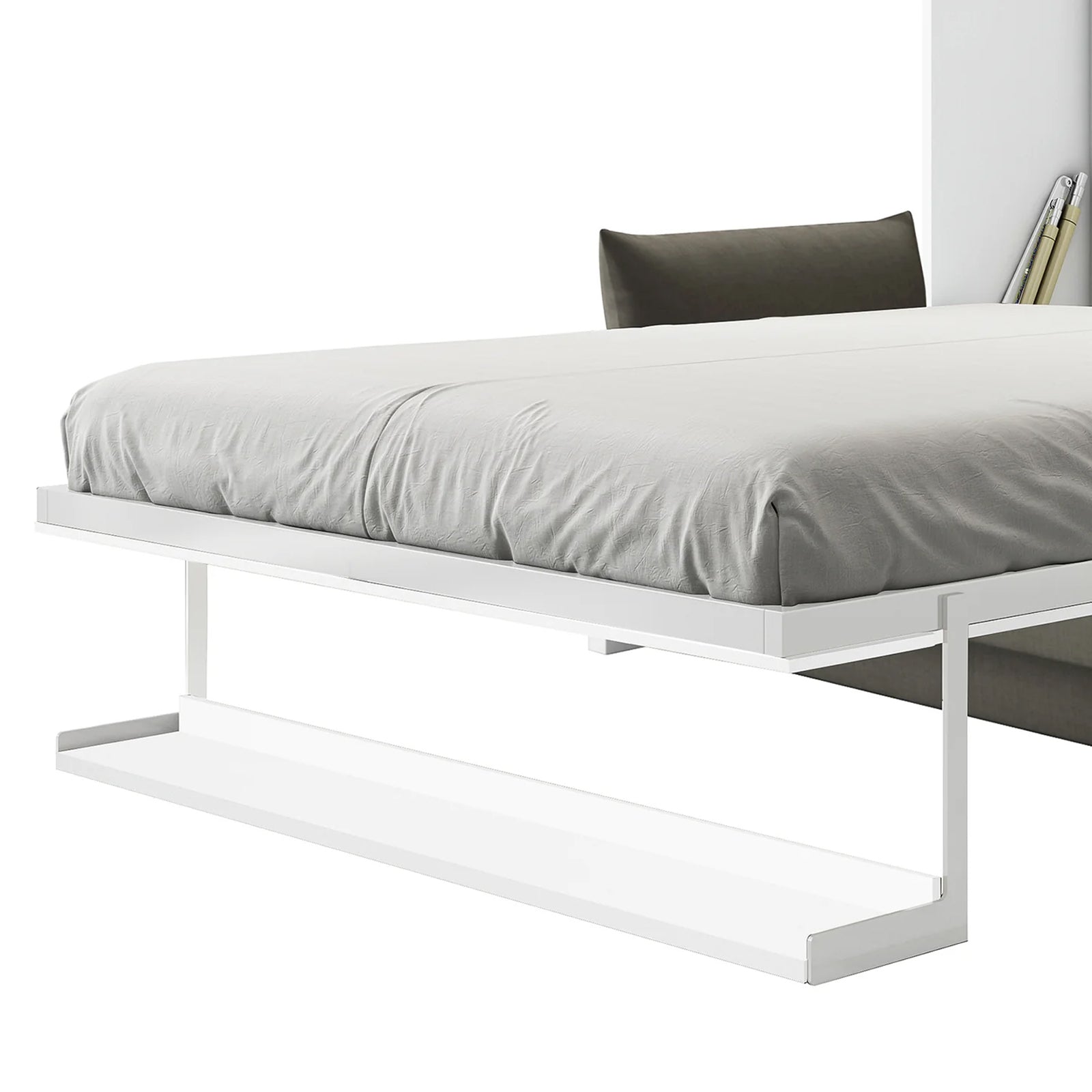 Byron Queen Murphy Bed with Mattress in White & Grey features a minimalist setup with a low-profile white metal bed frame and light-gray mattress, complemented by a C-shaped floating bedside tray.