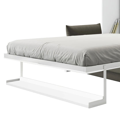 Byron Queen Murphy Bed with Mattress in White & Grey features a minimalist setup with a low-profile white metal bed frame and light-gray mattress, complemented by a C-shaped floating bedside tray.