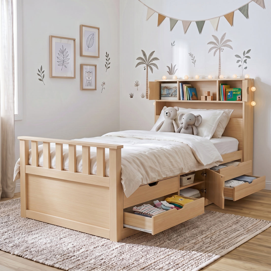 Wooden storage bed in a cozy decorated child's bedroom with plush toys and string lights