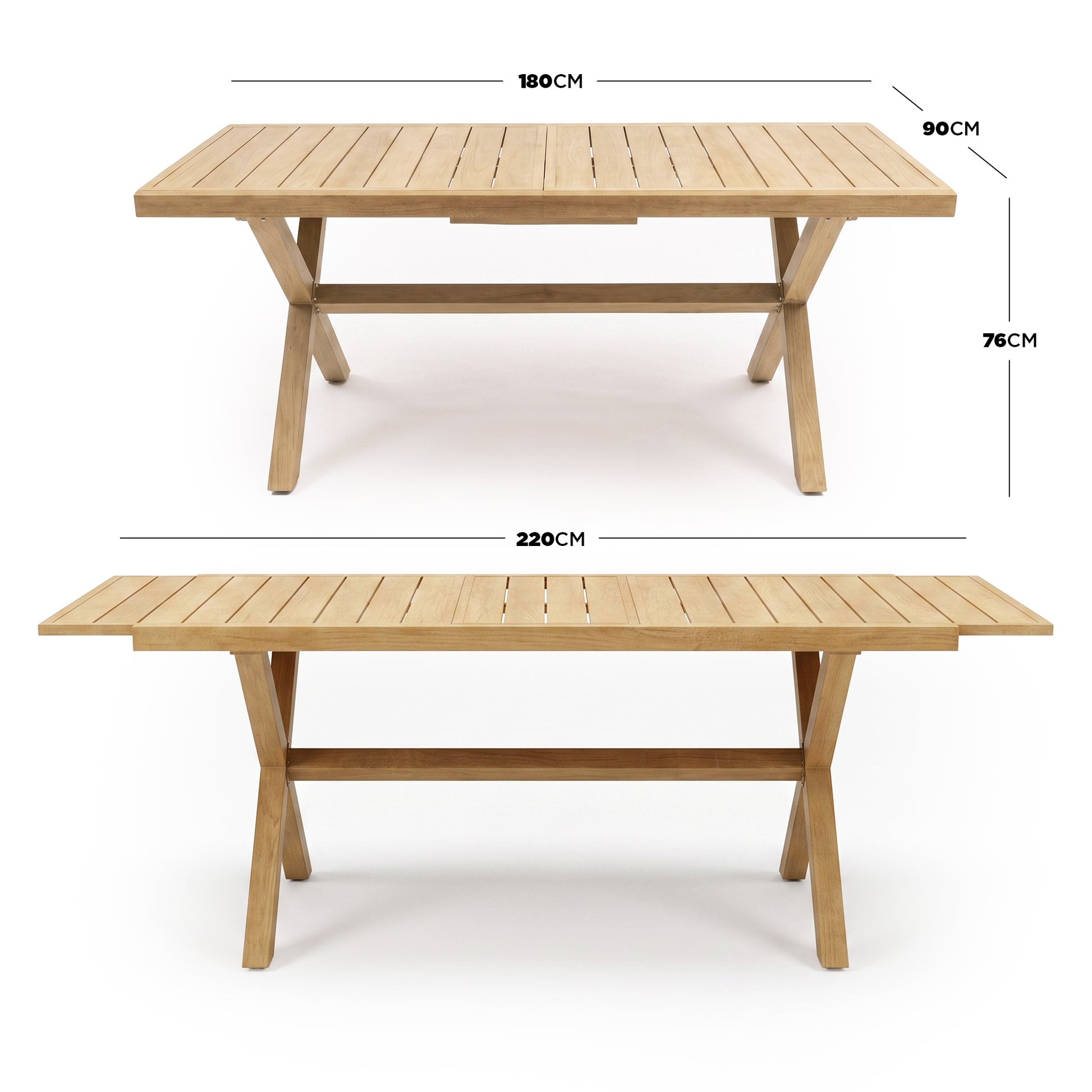 Wooden extendable table shown with dimensions for compact and extended sizes
