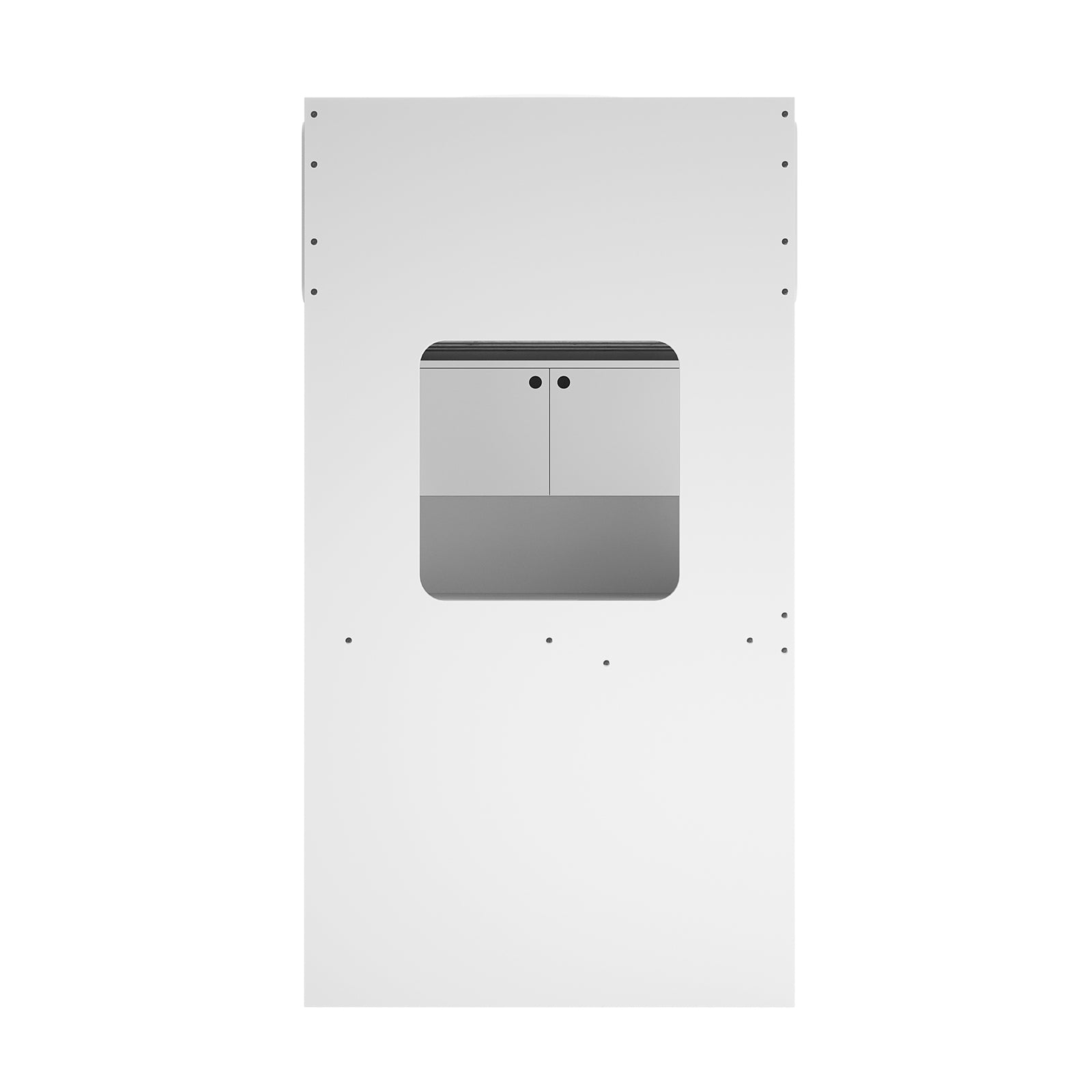 Hann Kids Single Loft Bed Desk Storage in White features a large wall panel with a central cut-out, revealing a light gray two-door cabinet with black handles, part of the integrated storage.