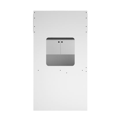 Hann Kids Single Loft Bed Desk Storage in White features a large wall panel with a central cut-out, revealing a light gray two-door cabinet with black handles, part of the integrated storage.