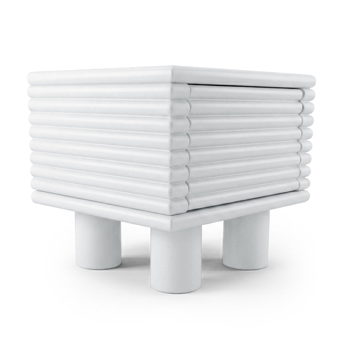 White ribbed side table with four cylindrical legs on white background