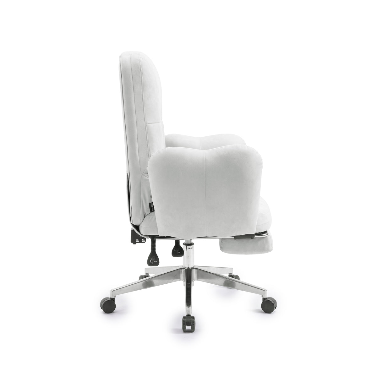 Side view of a light gray office chair with cushioned back and seat on white background