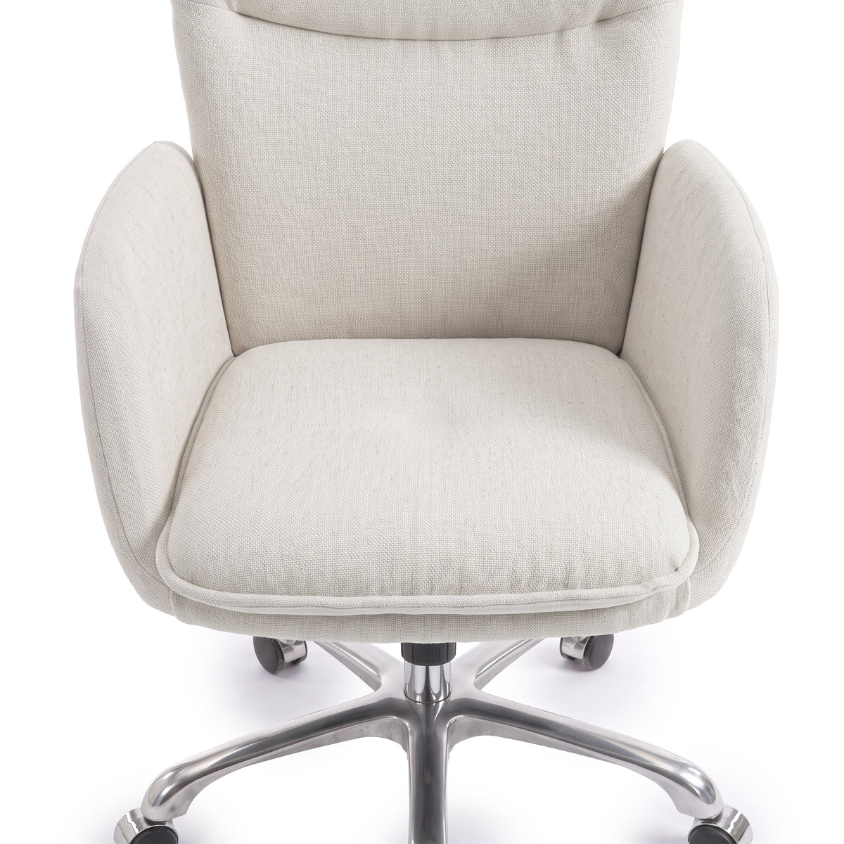 Front view of a beige upholstered office chair on a white background