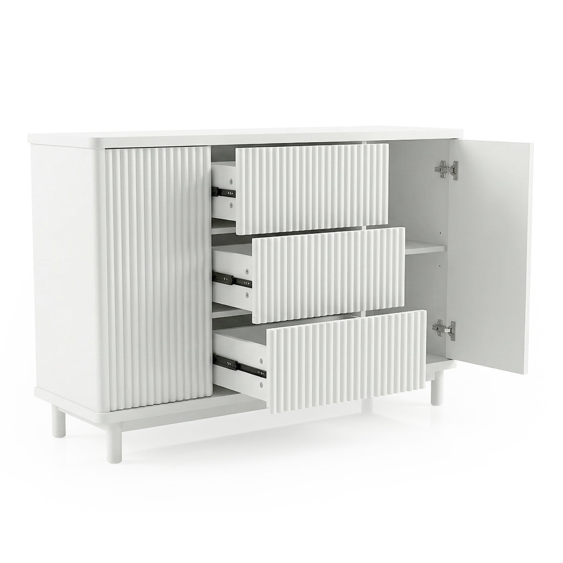 Modern white cabinet with open drawers on white background