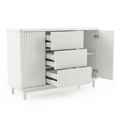 Modern white cabinet with open drawers on white background