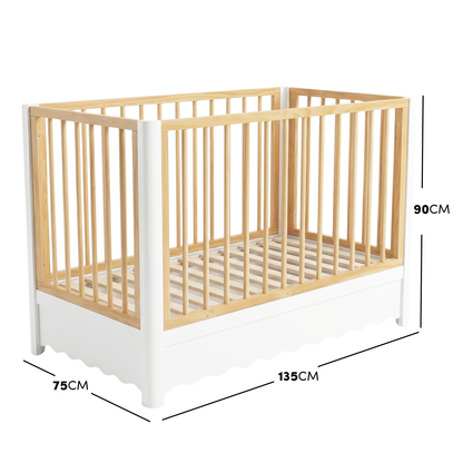 Baby crib with dimensions annotations on white background