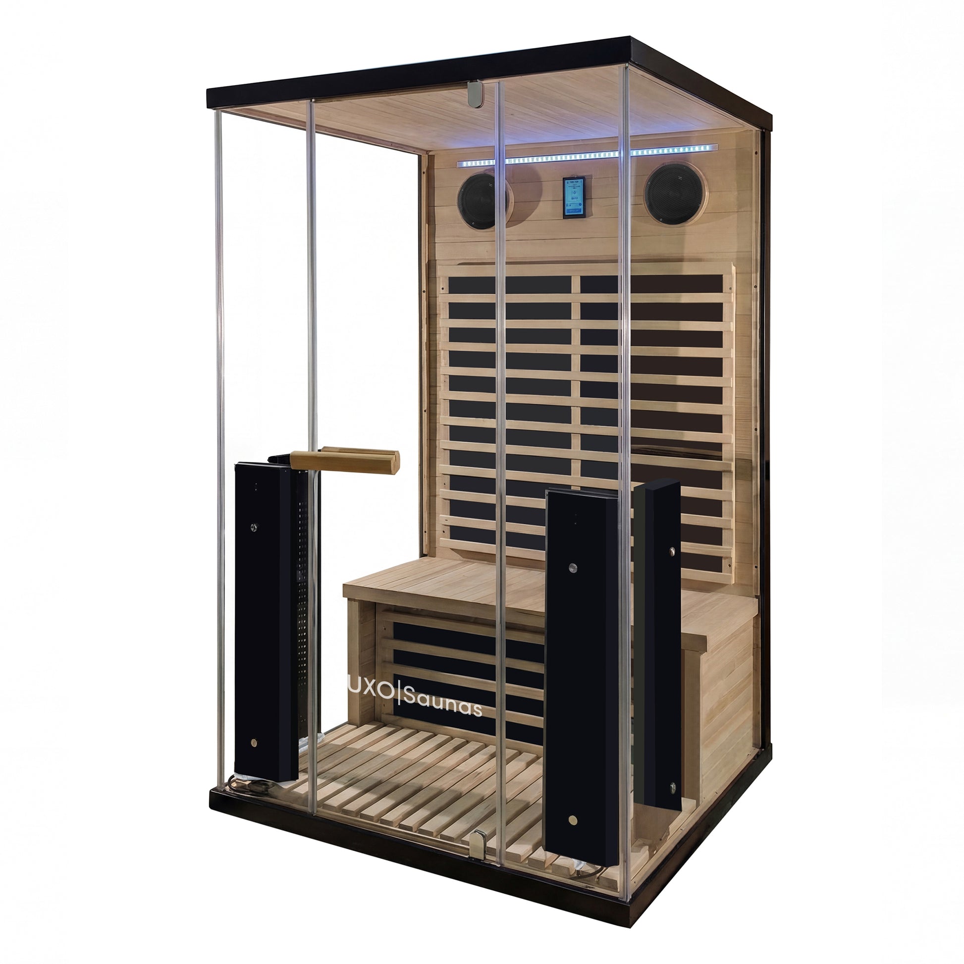 Modern glass-walled sauna unit shown in full on a white background
