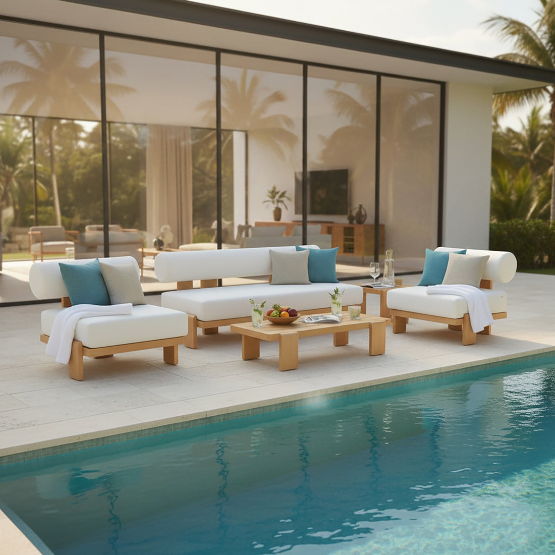 Modica 5 Seater Aluminium Outdoor Sofa Set in White on sunlit pool deck, featuring low-profile seating with white cushions, blue and gray pillows, and a matching coffee table with fruit bowl and water glasses.
