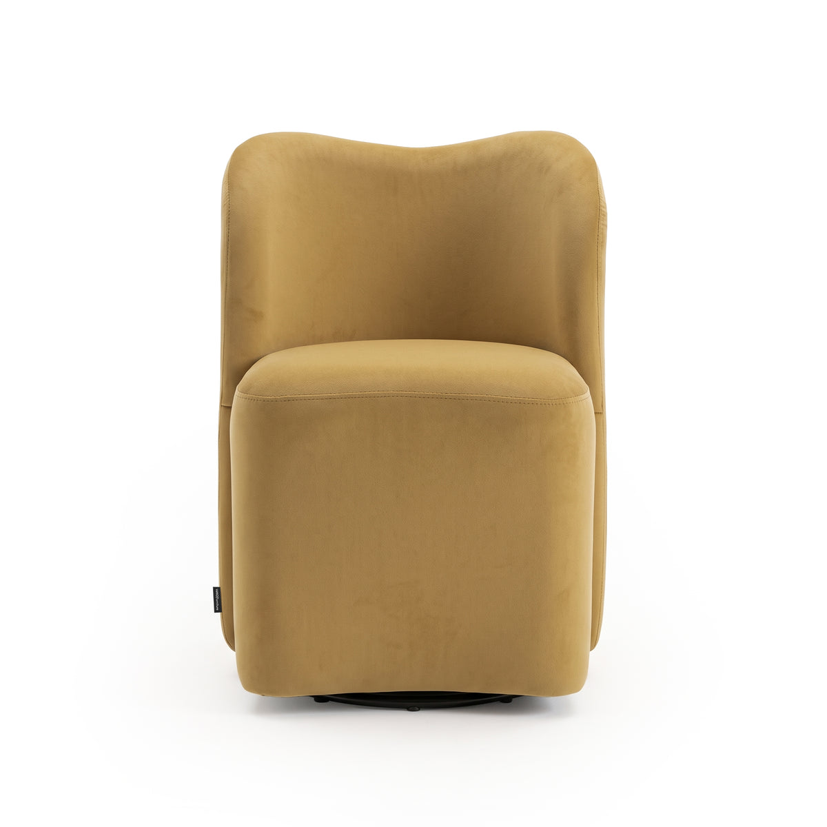 Front view of a mustard yellow upholstered chair on white background