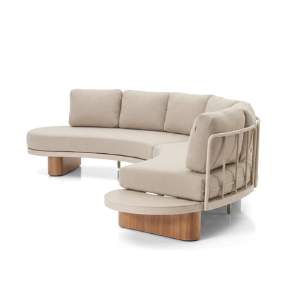 Modern beige sectional sofa with built-in side table on a white background
