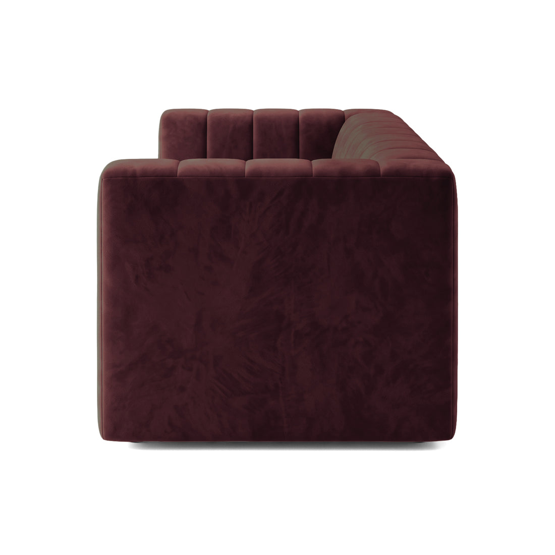 Side view of a Dark Merlot tufted sofa on a white background