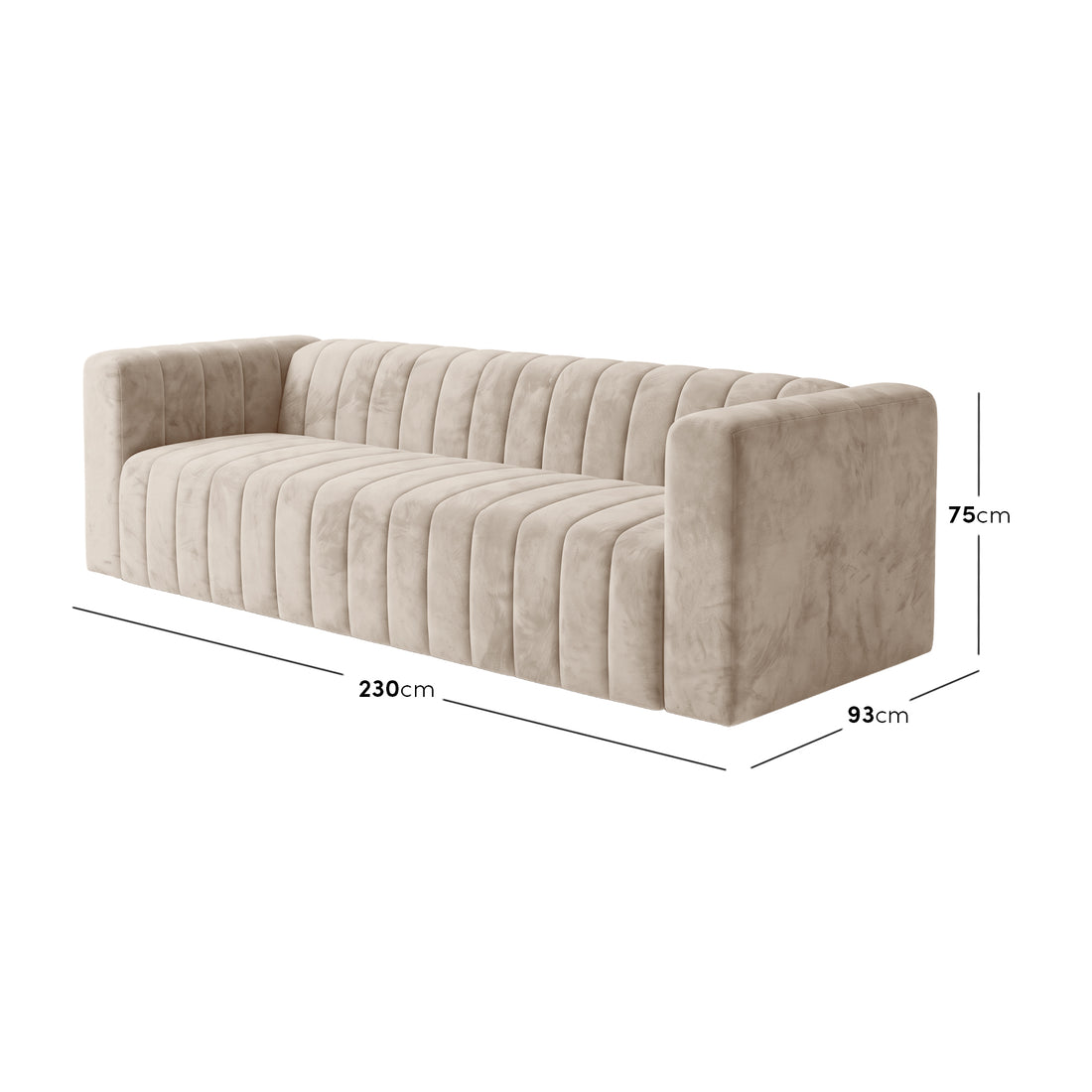 Beige velvet sofa with dimensions shown on a white background