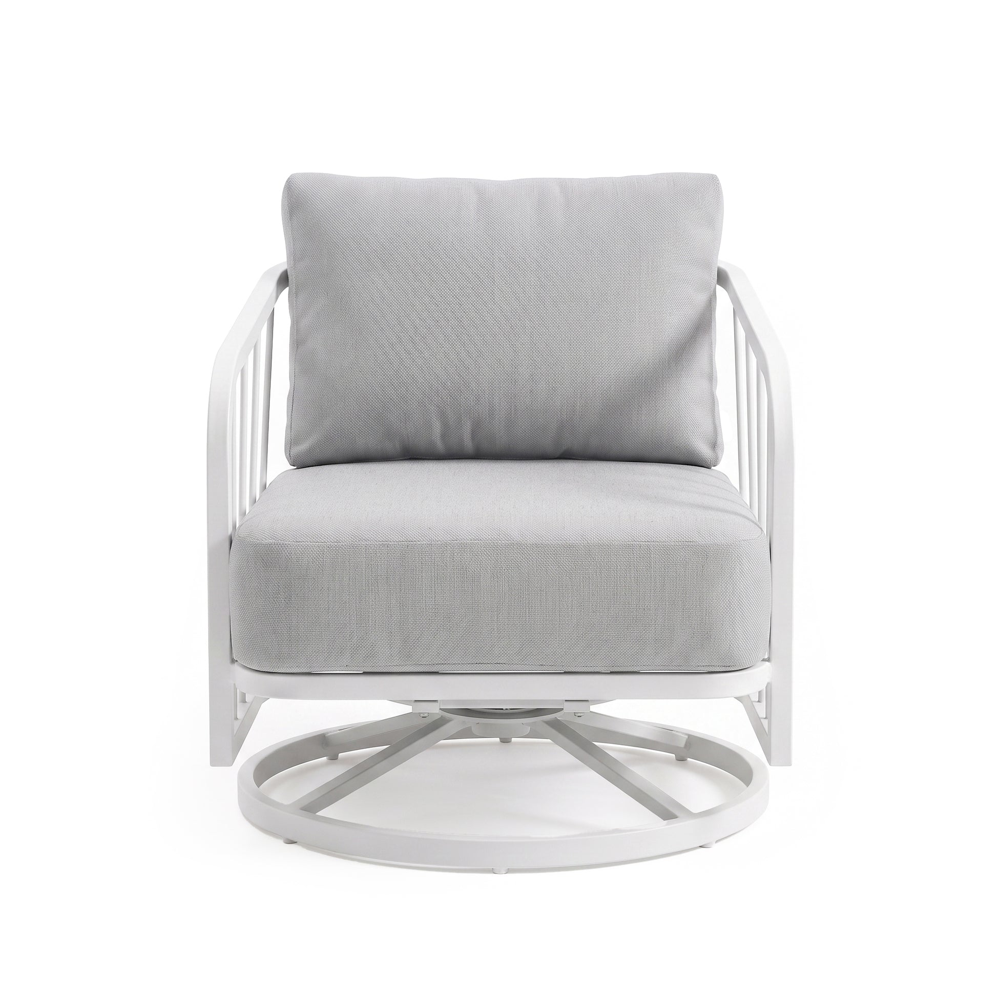 Modern accent chair with light grey cushions on a white background
