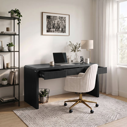 Black desk in a stylish home office with chair, shelving, and decor