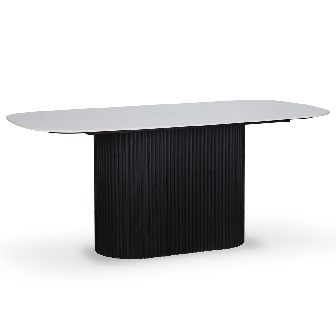 Aeris 180cm Marble Look Dining Table With Wood Base in Black features a white, rounded-rectangle tabletop and a black, vertically fluted pedestal base, showcasing a modern and elegant design.