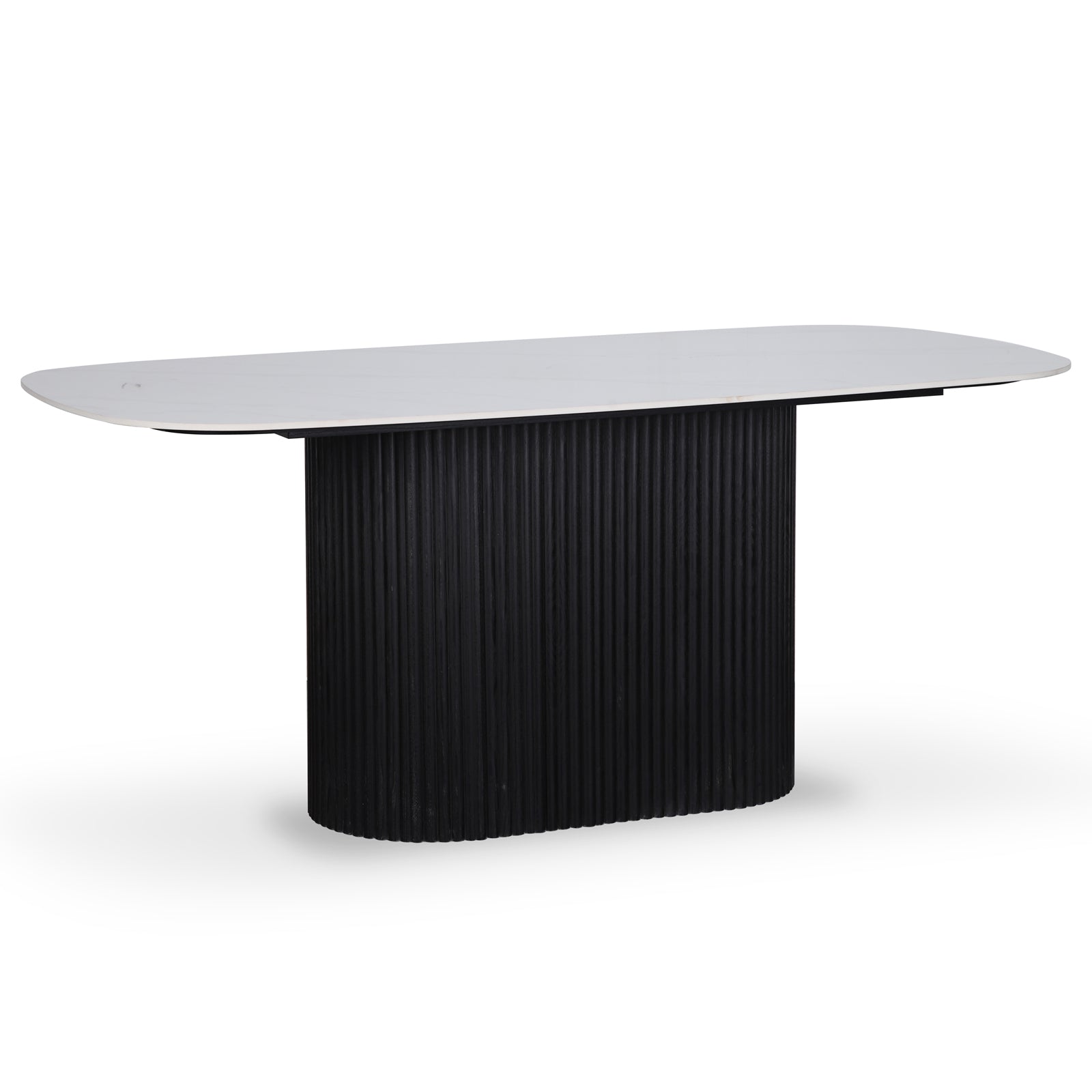 Aeris 180cm Marble Look Dining Table With Wood Base in Black features a white, rounded-rectangle tabletop and a black, vertically fluted pedestal base, showcasing a modern and elegant design.