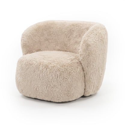 Beige plush accent chair shown in full on a white background