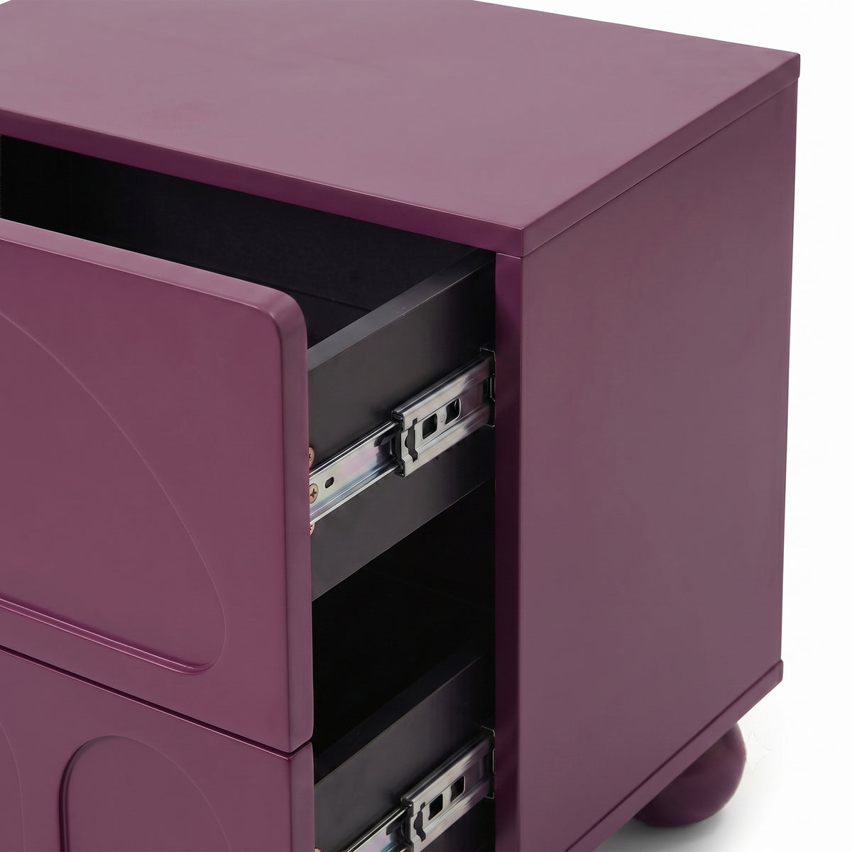 Purple two-drawer nightstand on a white background with one drawer open