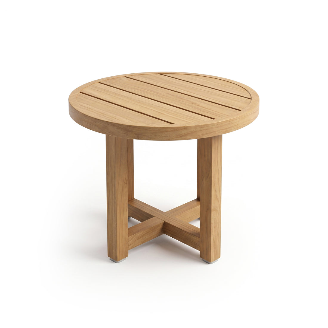 Round wooden side table on a white background