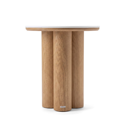 Cylindrical wooden side table or pedestal with a round top on a white background