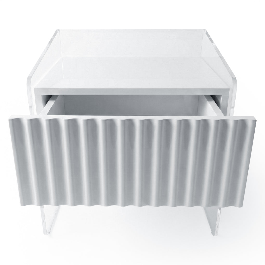 Acrylic nightstand with open drawer on white background