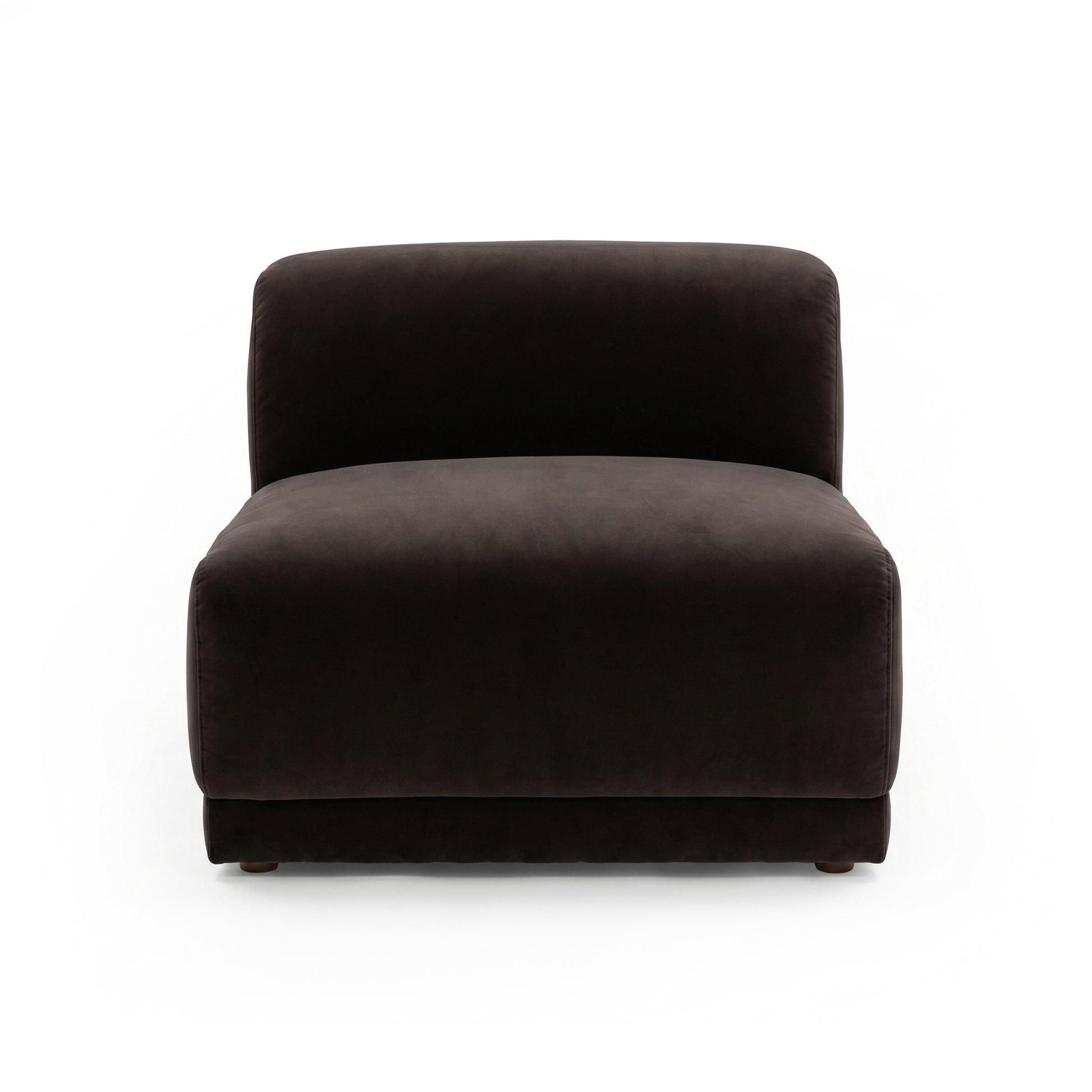 Dark brown armless accent chair on white background