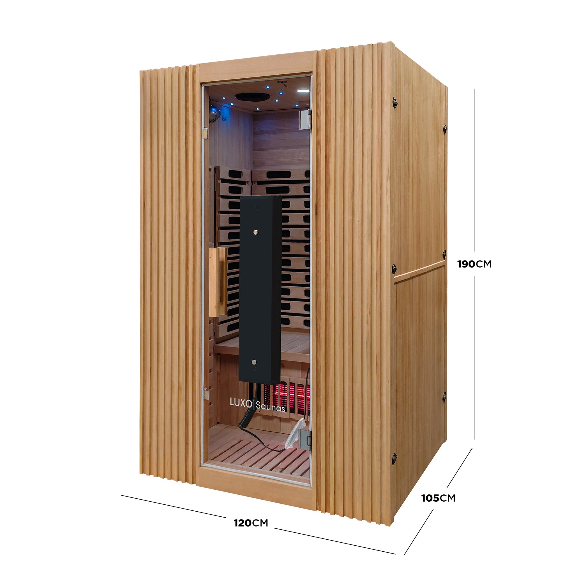 Full wooden sauna cabin on a white background with labeled dimensions.