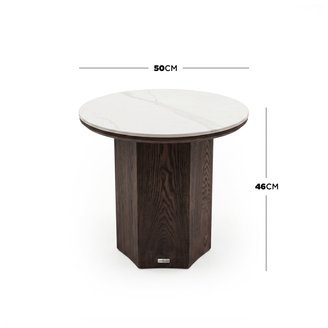 Round side table on white background with 50 cm diameter and 46 cm height dimensions shown