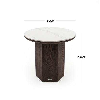 Round side table on white background with 50 cm diameter and 46 cm height dimensions shown