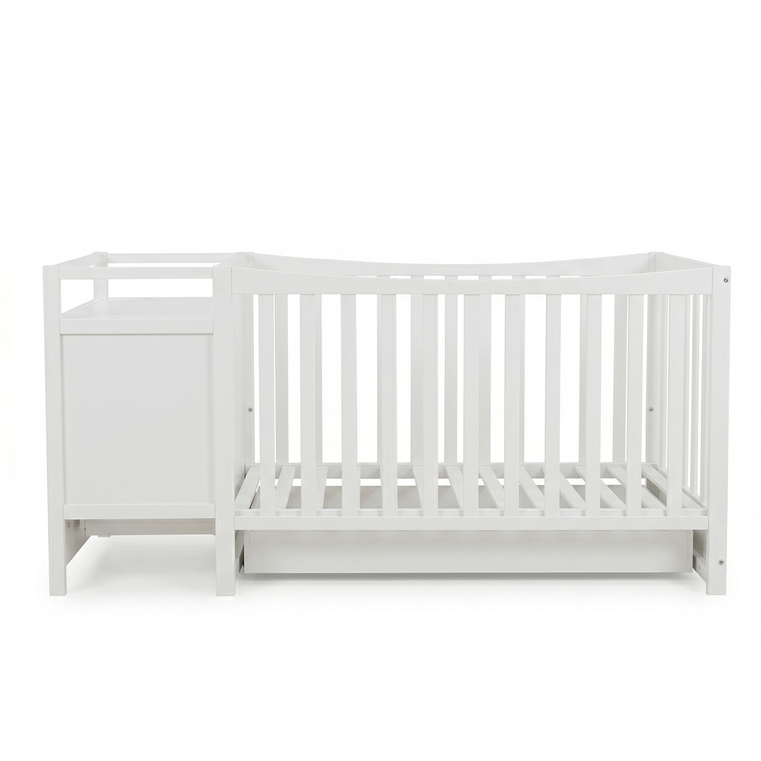 Side view of a white baby crib with attached storage unit on a white background