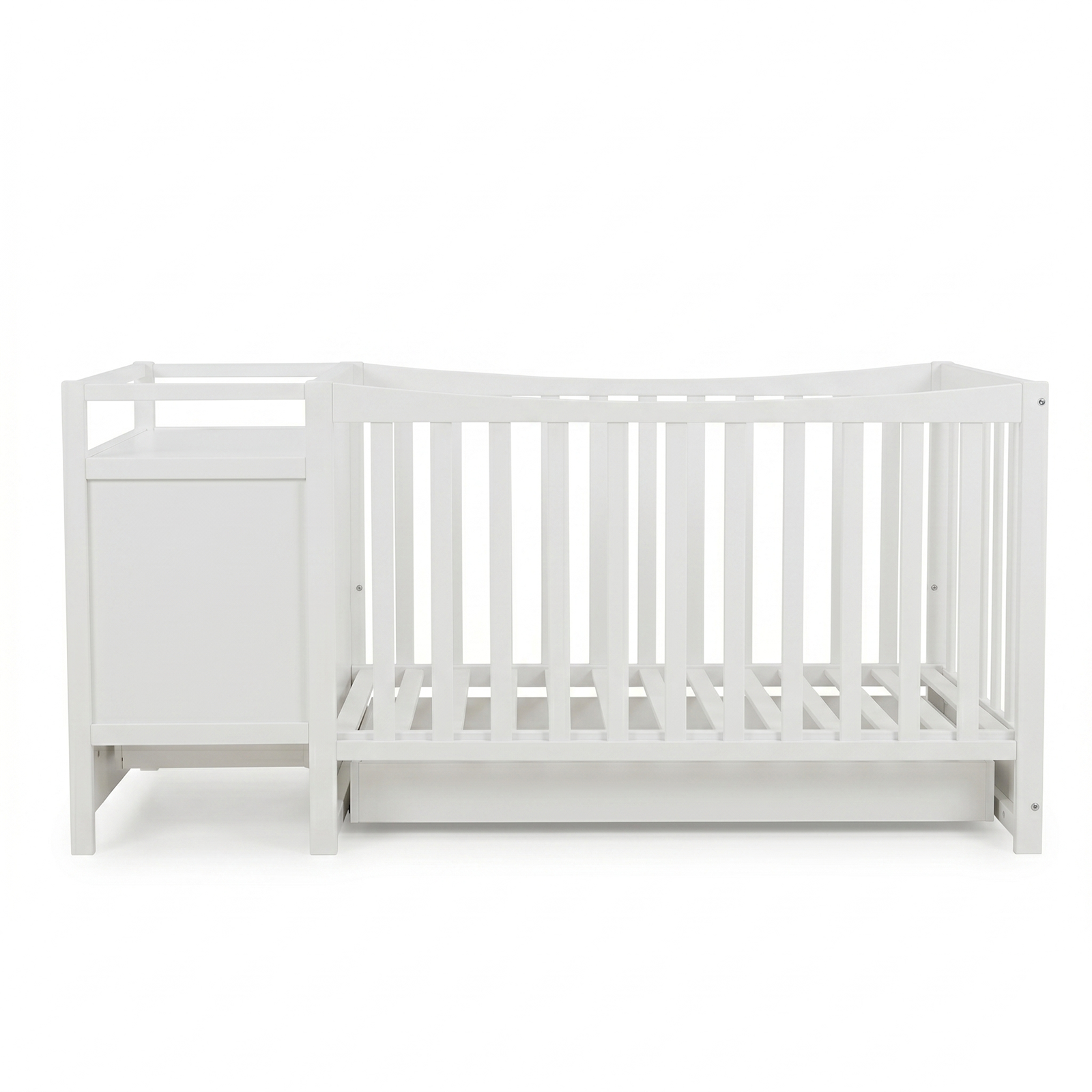 Side view of a white baby crib with attached storage unit on a white background