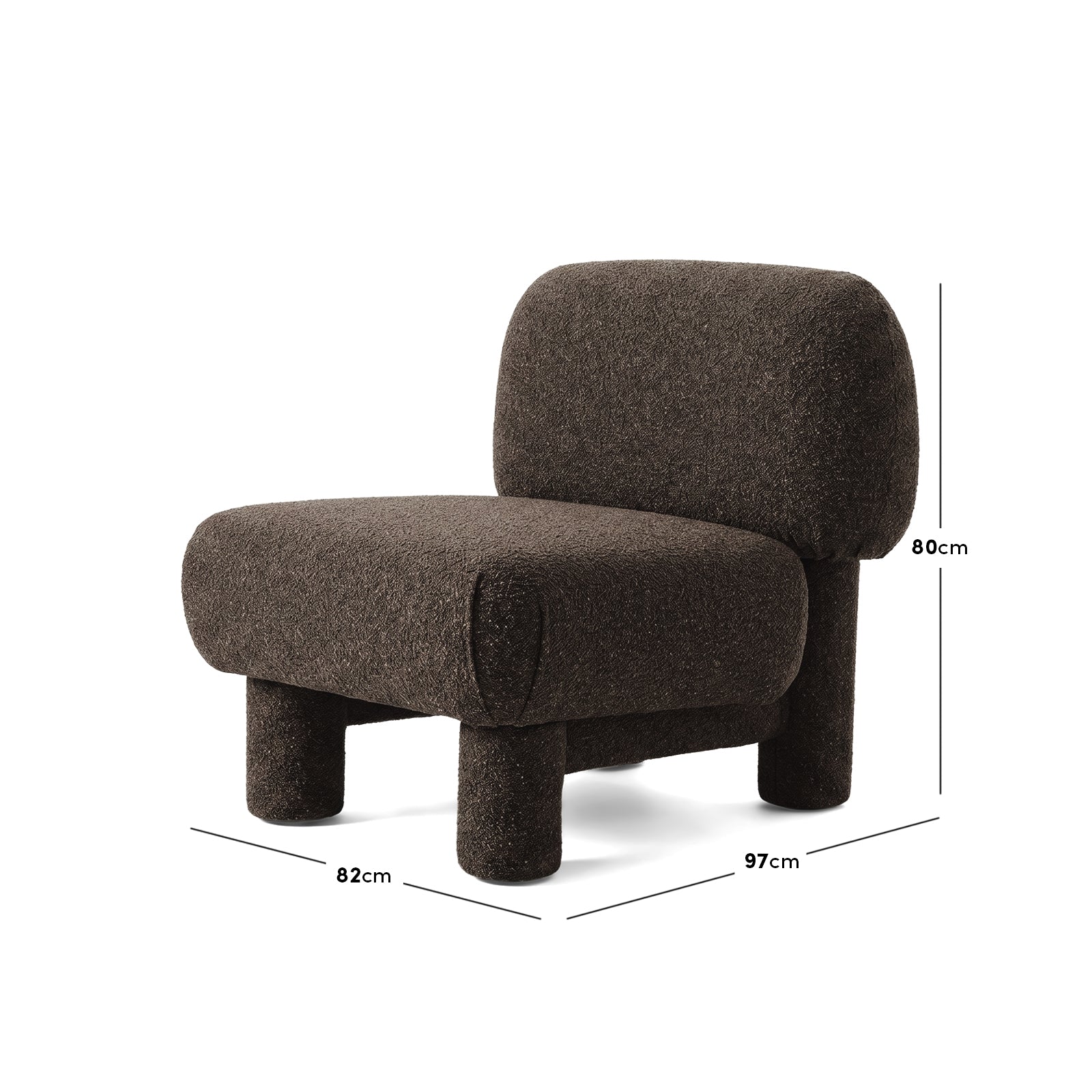 Dark brown accent chair on white background with dimension lines and measurements