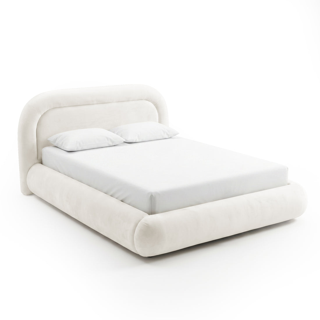 Contemporary upholstered bed with pillows on white background
