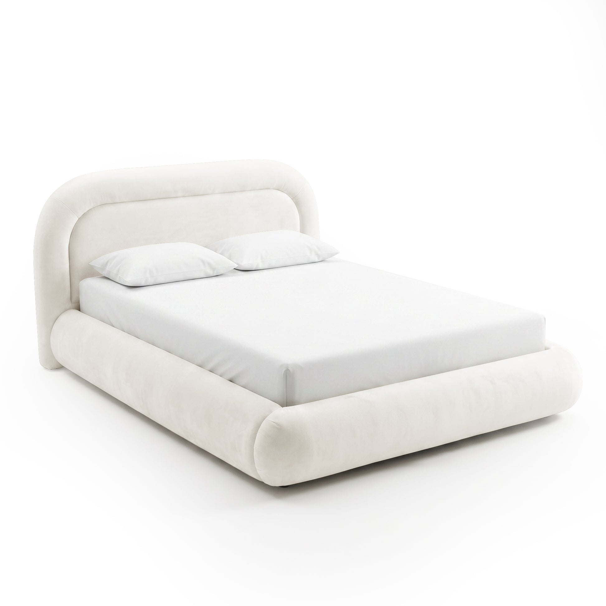 Contemporary upholstered bed with pillows on white background